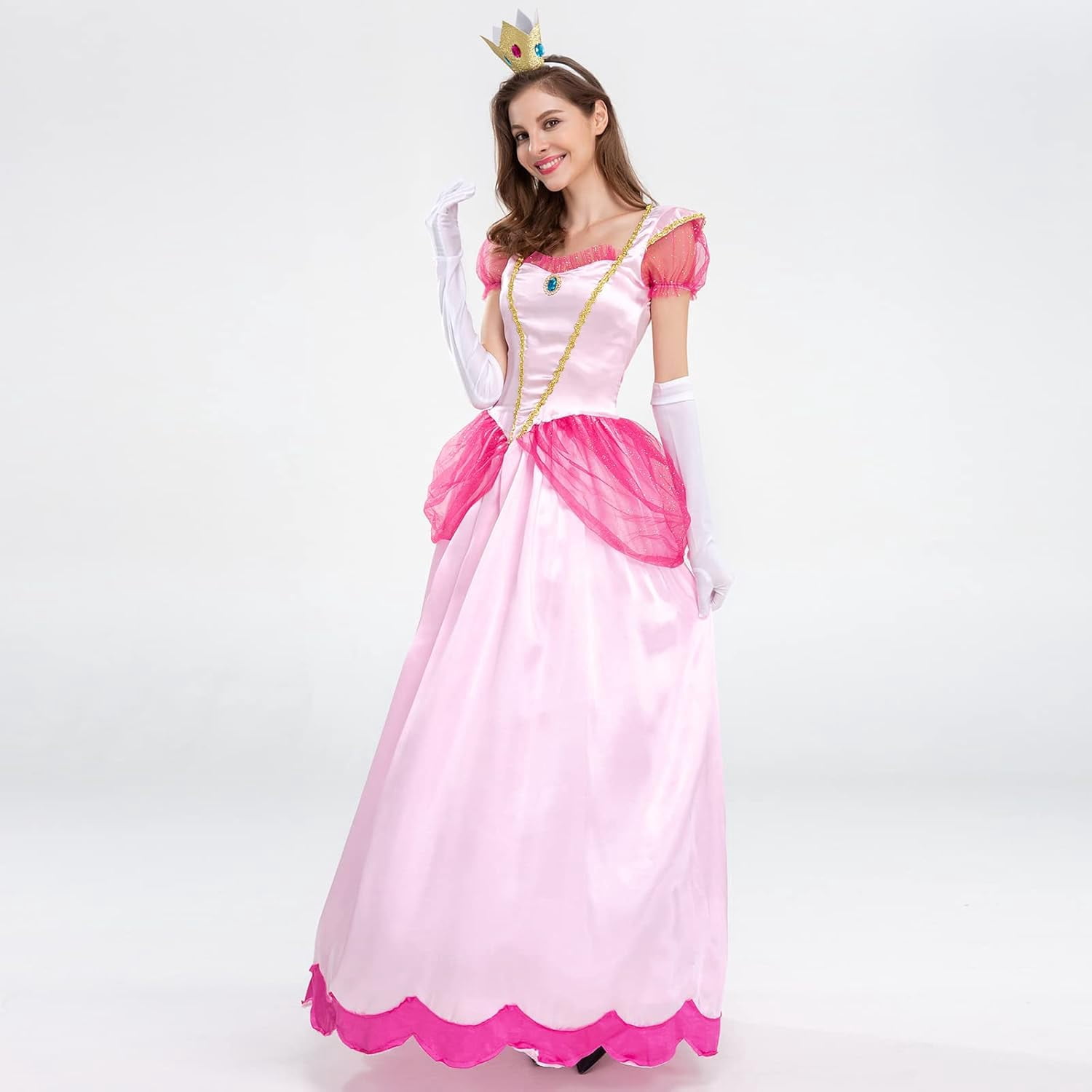 Guvpev Women's Princess Dress - Puff Sleeve Long Dress, Glove, Crown, 3Pcs Princess Costume, Halloween Cosplay Costume with Dress Up Accessories, Birthday Party Fancy Dress up Outfits