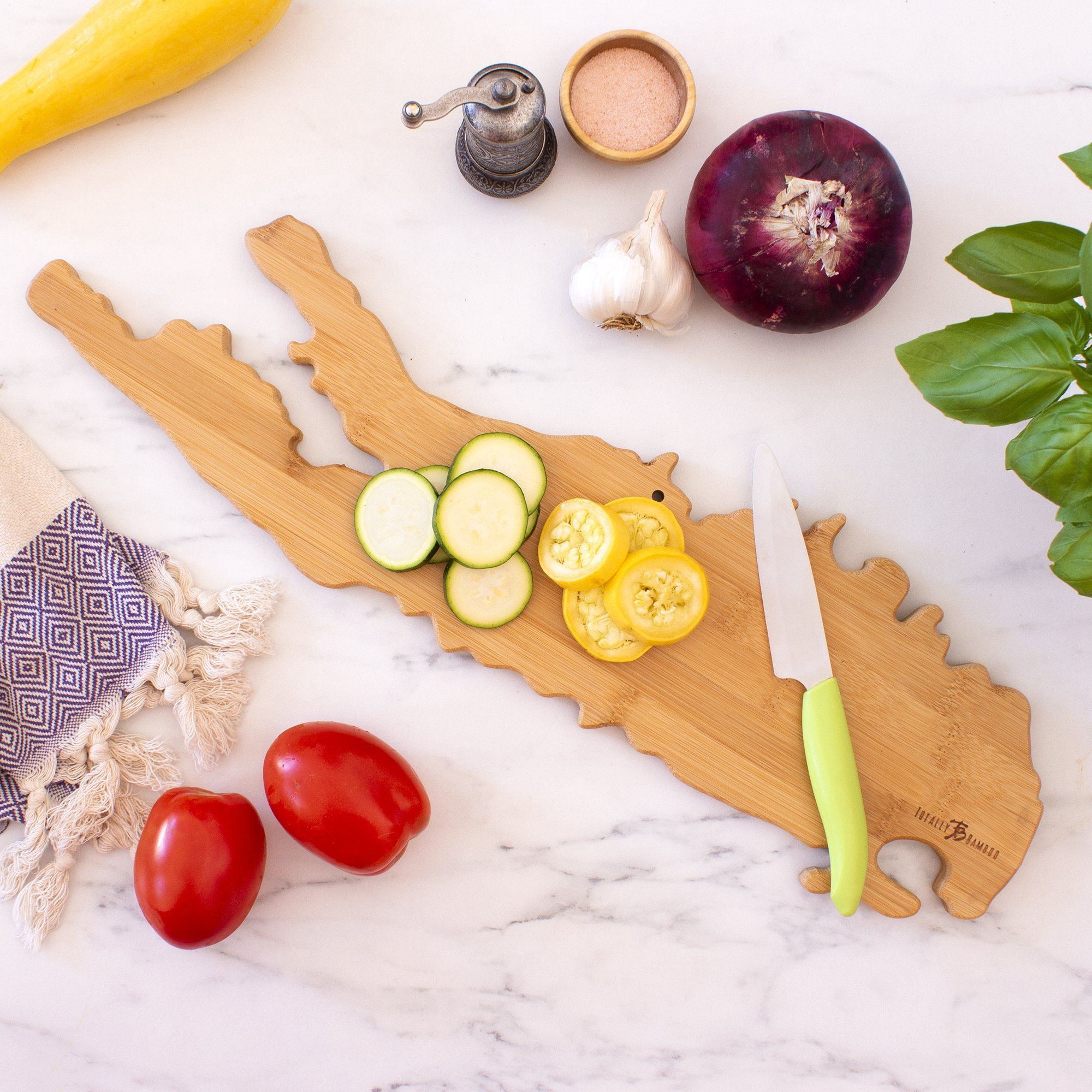Totally Bamboo Long Island Shaped Cutting Board – Bamboo Charcuterie and Serving Board with Hang Tie for Wall Display
