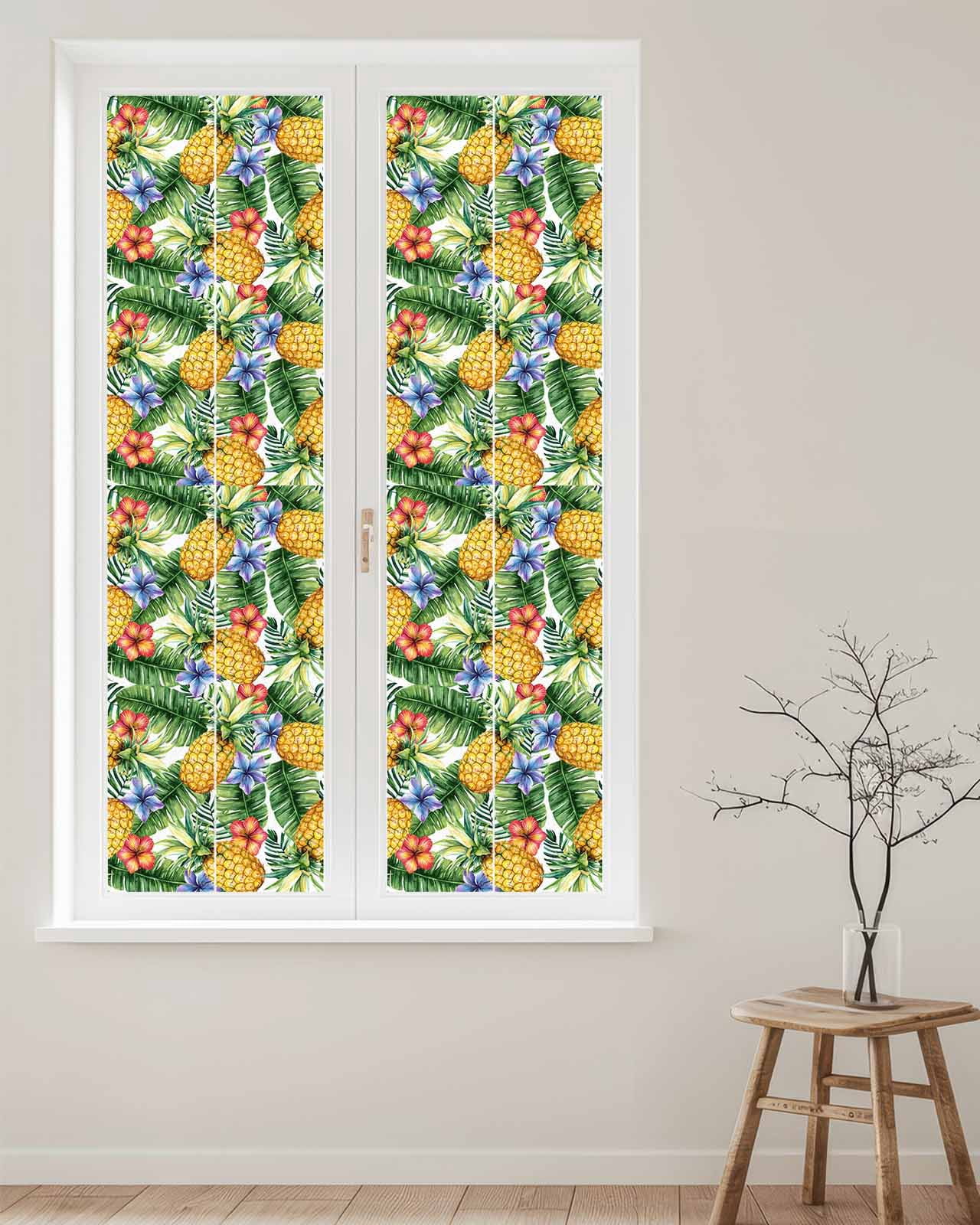 Window Privacy Film Pineapple Stained Glass Window Film Decorative Sun Block Window Cover Yellow Tropical Fruit Palm Leaf Floral Summer Window Clings Static Adhesive Sticker for Bathroom 17.7"x78.7"