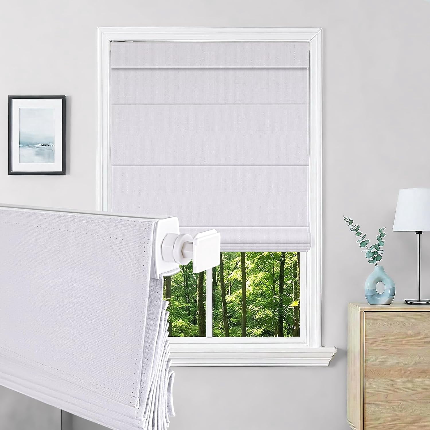 NAWAY No Drill Cordless Roman Shades, 30" W x 64" H Blackout Window Blinds, UV Protection Privacy Shades for Bedroom Living Room Office, White