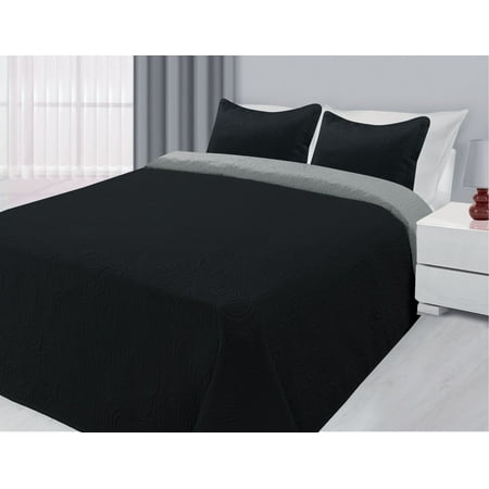 3-Piece Reversible Quilted Bedspread Coverlet Black & Silver - King (Best Quilts And Coverlets)