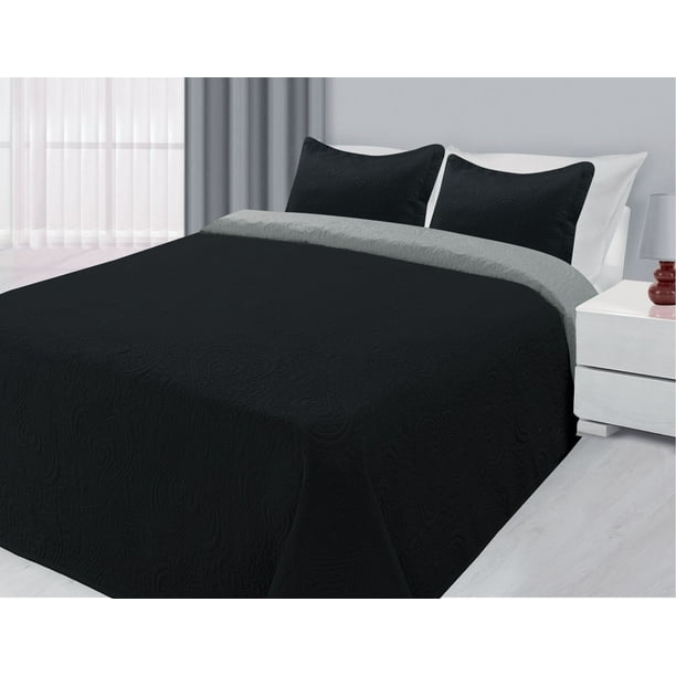 3 Piece Reversible Quilted Bedspread Coverlet Black Silver