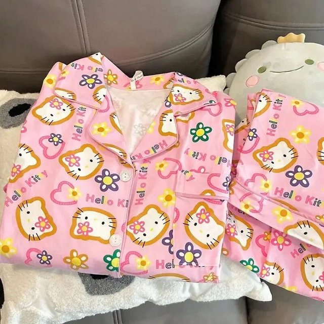 Sanrios-Conjunto de pijama de Hello Kittys para niña, ropa de casa con pantalones de manga larga, dibujos animados japoneses, Simple, dulce, primavera y otoño