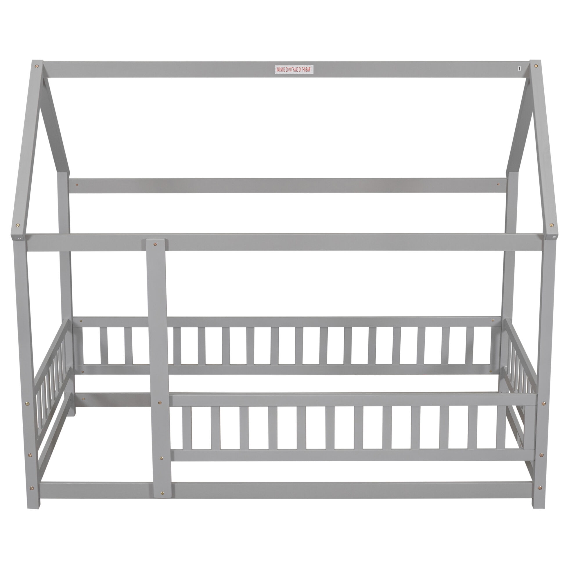 Modern Twin Size Montessori Floor Bed with House Roof Frame, Fence Guardrails and Opening, Grey