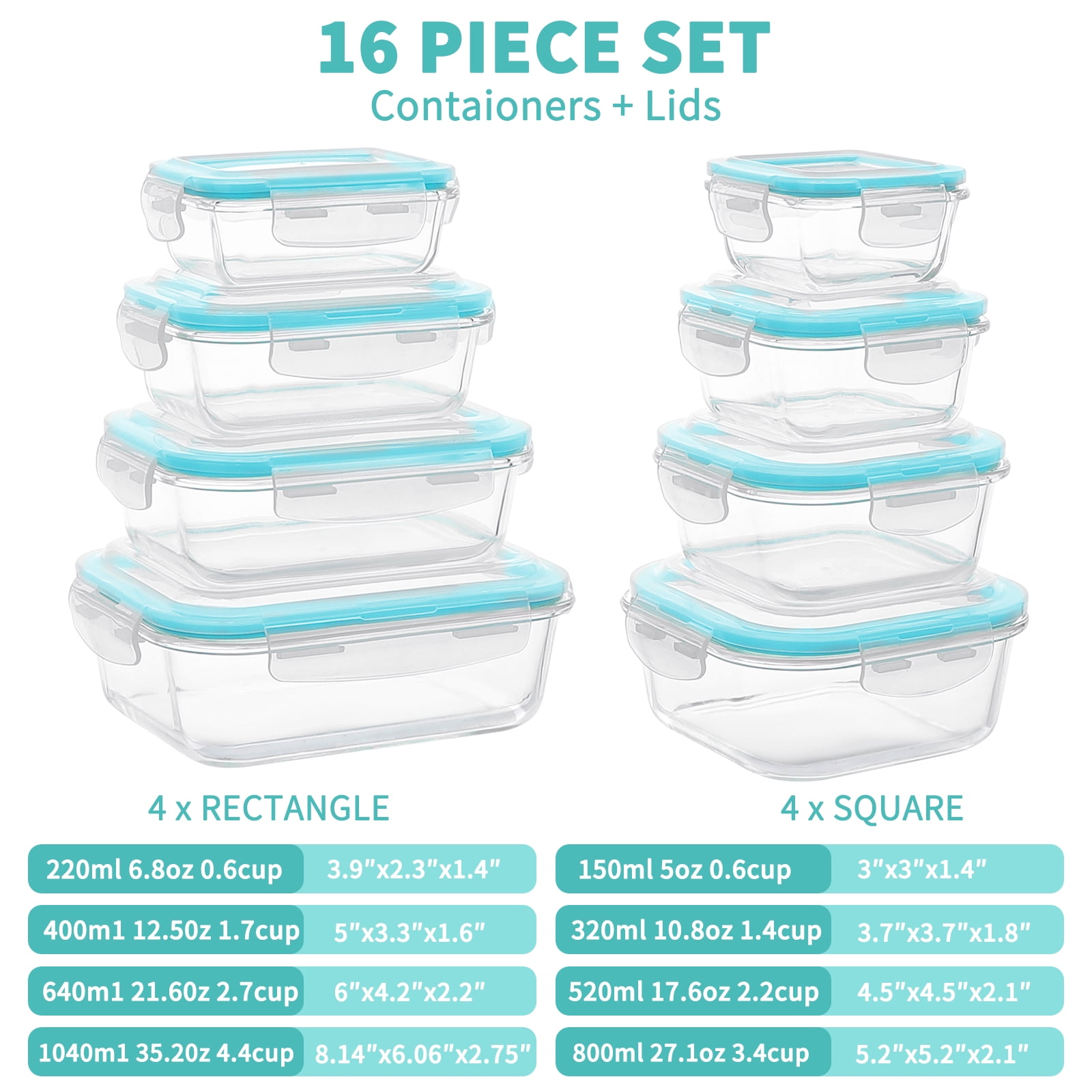 16 Pcs Glass Food Storage Containers , Meal Prep , Airtight Bento Boxes with Leak Proof Locking Lids, Microwave/Oven/Freezer/Dishwasher Safe, BPA Free