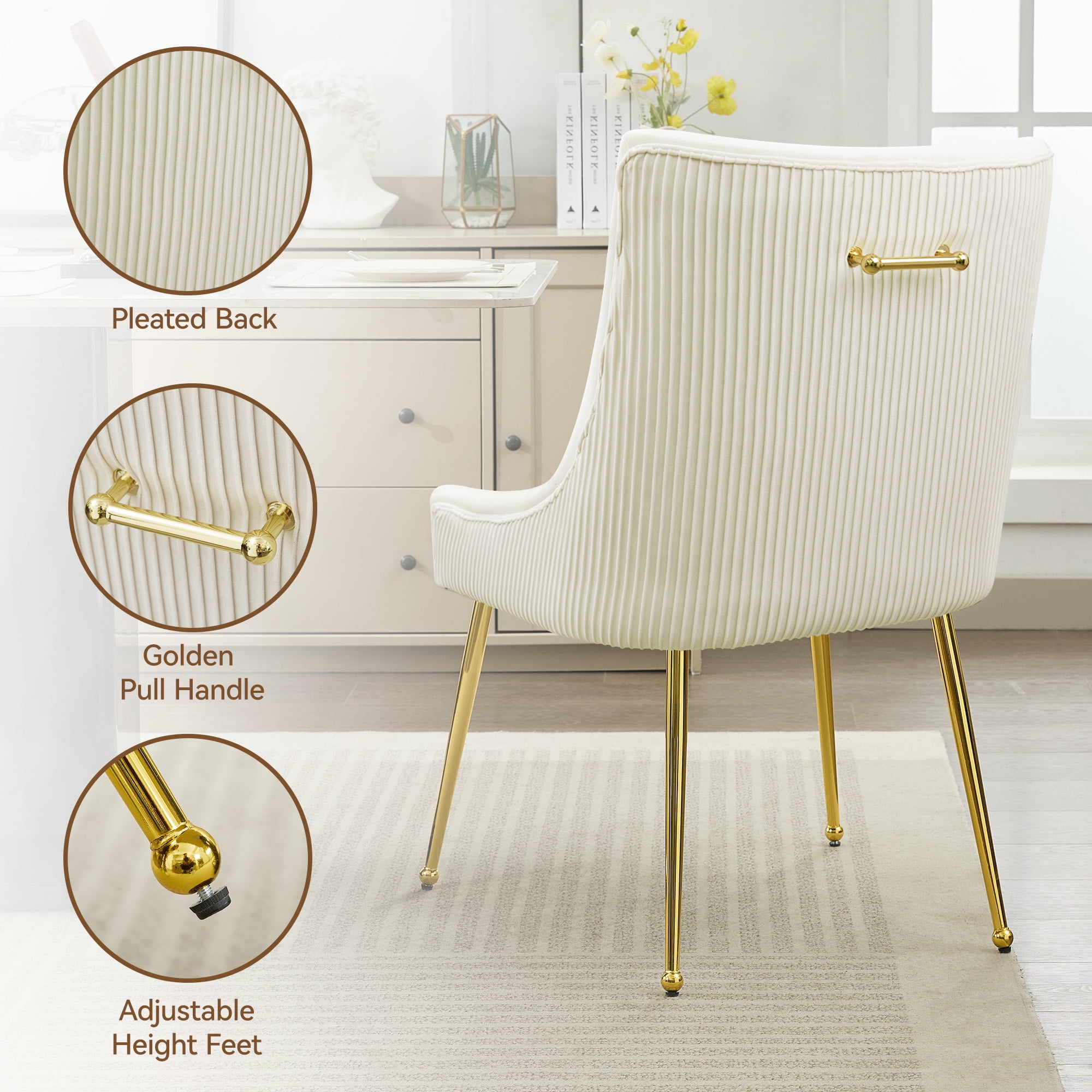 Velvet Dining Chairs Set of 4 with Gold Legs, Upholstered Accent Chairs, Pleated Back & Gold Pull Handle, Mid-Century Modern for Dining Room, Kitchen, Living Room, Beige
