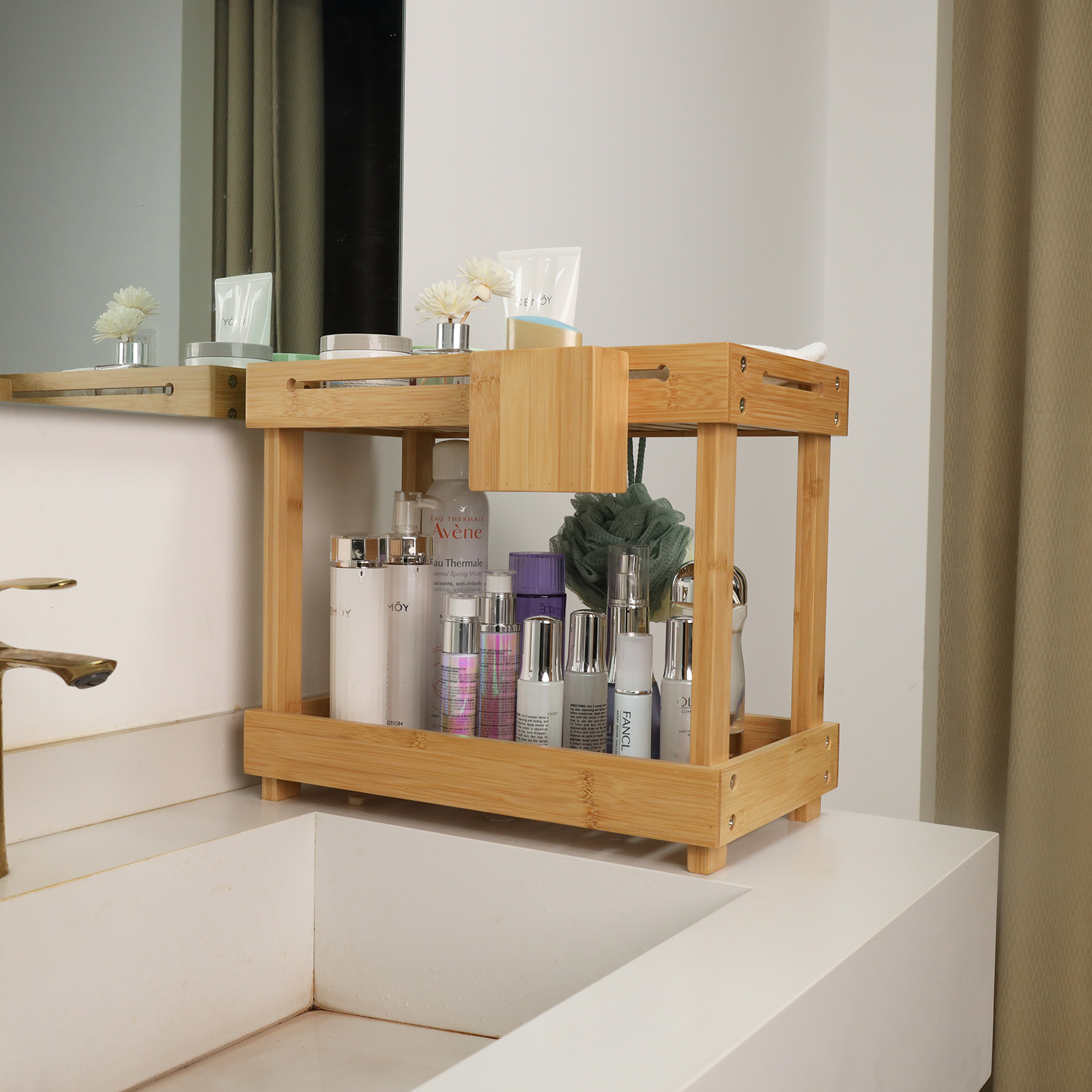 2 Tier Bamboo Under Sink Storage Kitchen Organizer, Kitchen Sink Organiser, Multipurpose Kitchen Cupboard Storage with 6 Bamboo Hooks, 1 Bamboo Hanging Box