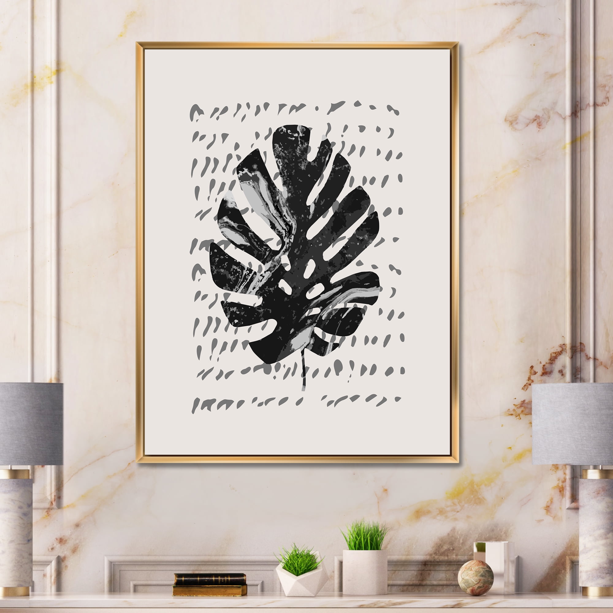 Designart 'Minimal Tropical Palm Leaf Over Grunge Texture' Tropical Framed Canvas Wall Art Print