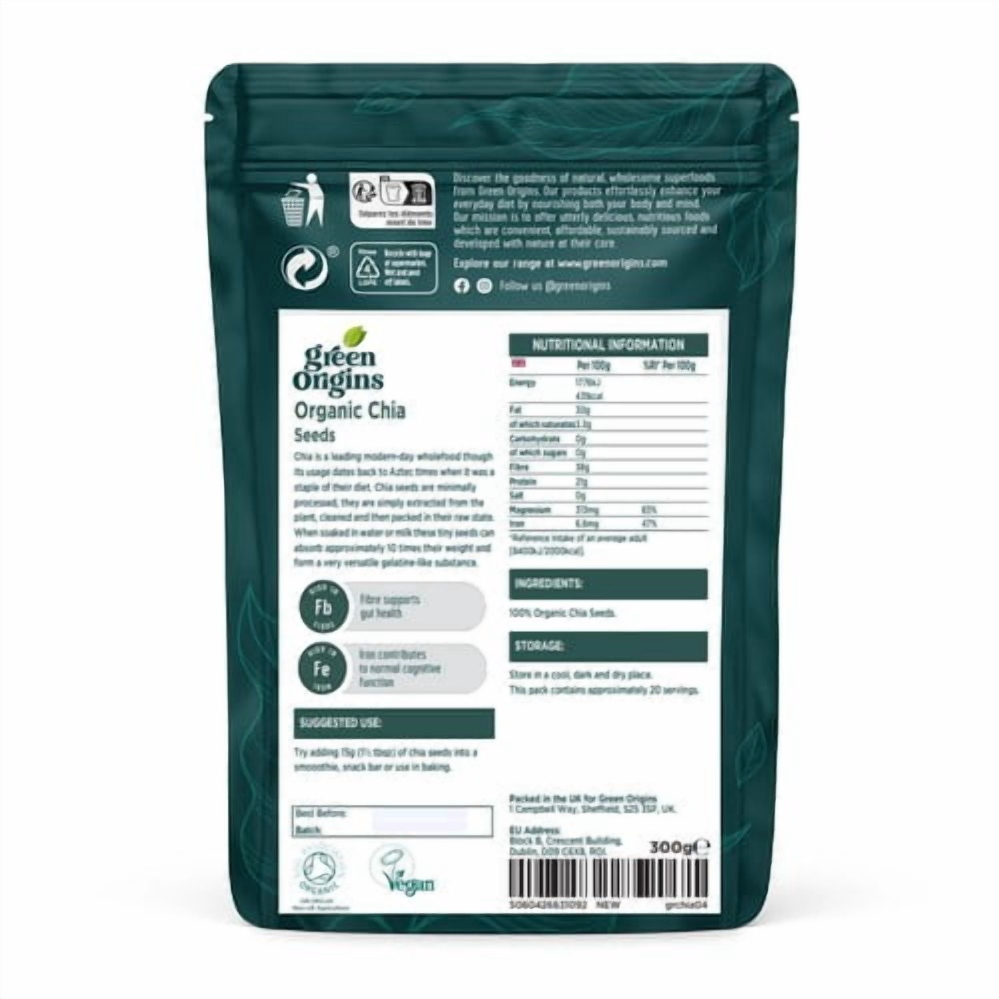 Green Origins Organic Raw Chia Seeds 300g, British Import (Pack of 3)