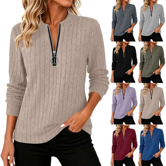 Jinhomg Womens 1/4 Half Zip Sweatshirts Striped Knitted Tunic Casual Crew Neck Pullover Long Sleeve Lightweight Textured Solid Fall Tops Red,L
