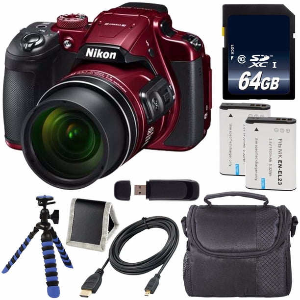 Cámara Digital Nikon COOLPIX B700 (Roja) Modelo Internacional + Batería de Litio de Repuesto EN-EL23 + Tarjeta de Memoria SDXC Clase 10 de 64 Gb Trípode Flexible con Patas de Goma de Agarre + Paquete