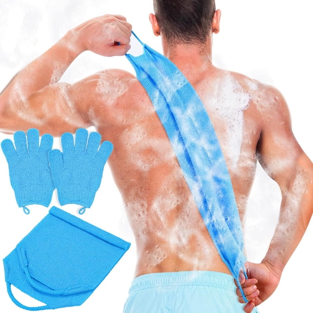 Exfoliating Back Scrubber Bath Gloves Set, Exfoliating Shower Towel with Shower Gloves for Body Scrub, Back Cleaner Wash Gloves to Remove Dead Skin (Blue)