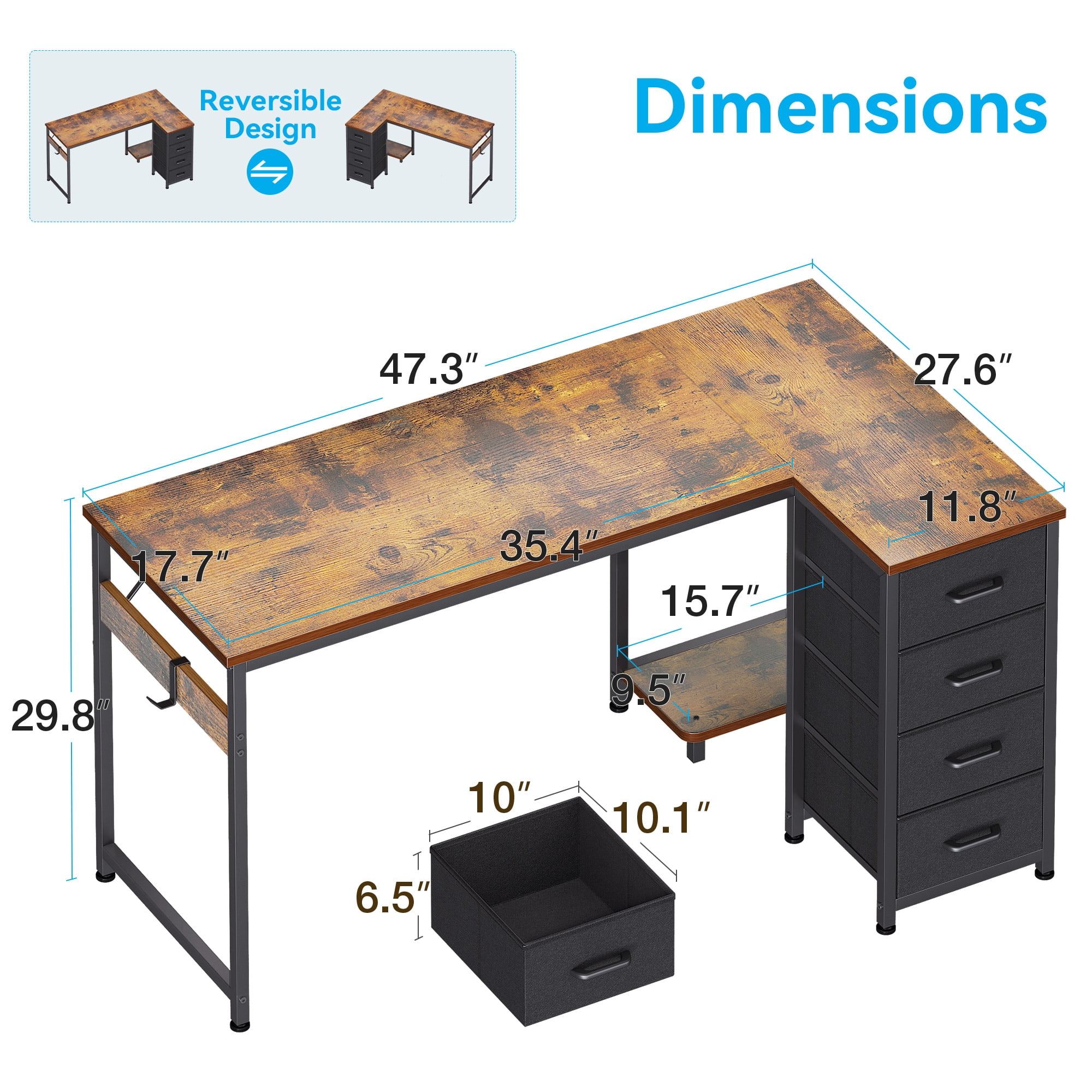 48 inch Computer Desk with 4 Fabric Drawers — Home Office Desks with Storage, Writing Desk with Side Hook, Desk Study/Work Table for Bedroom and Small Space, Vintage