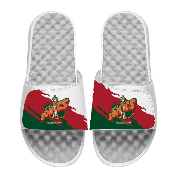 Men's ISlide x Mitchell & Ness White Seattle SuperSonics Paint Stripe Slide Sandals