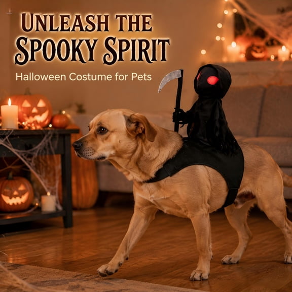 Halloween Grim Reaper Dog Costume, Rider Style Dog Halloween Costumes with Scythe, Funny Pet Halloween Costumes for Dogs, Spooky Pet Costume for Halloween Party