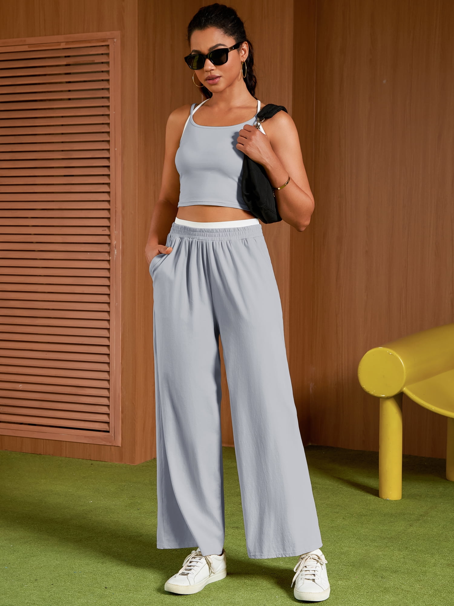 DARING DIVA Women's Yoga Set Camisole and Wide Leg Pants L Gray