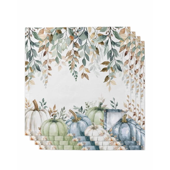 Green Blue Pumpkin Fall Cloth Napkins Set of 4 Reusable Dinner Napkins, Thanksgiving Eucalyptus Leaves Weeping Cocktail Napkin Washable Table Napkins for Wedding/Holiday Party/Baby Shower 20"x20"
