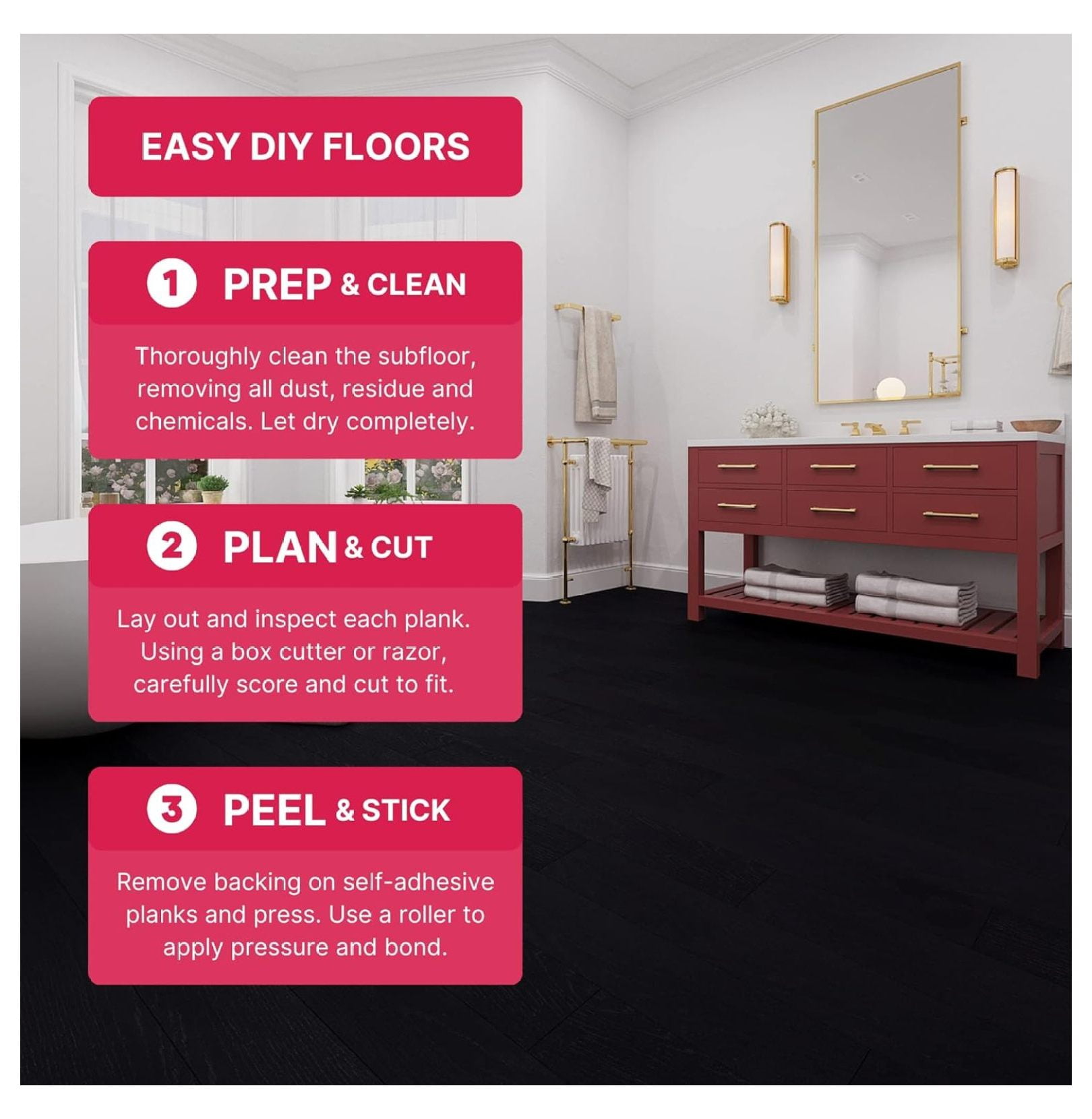 Luxury Vinyl Flooring Tiles | Peel and Stick Floor Tile for DIY Installation | 12 Wood Look Planks | Nero | BaseCore | 18 Sq. Feet