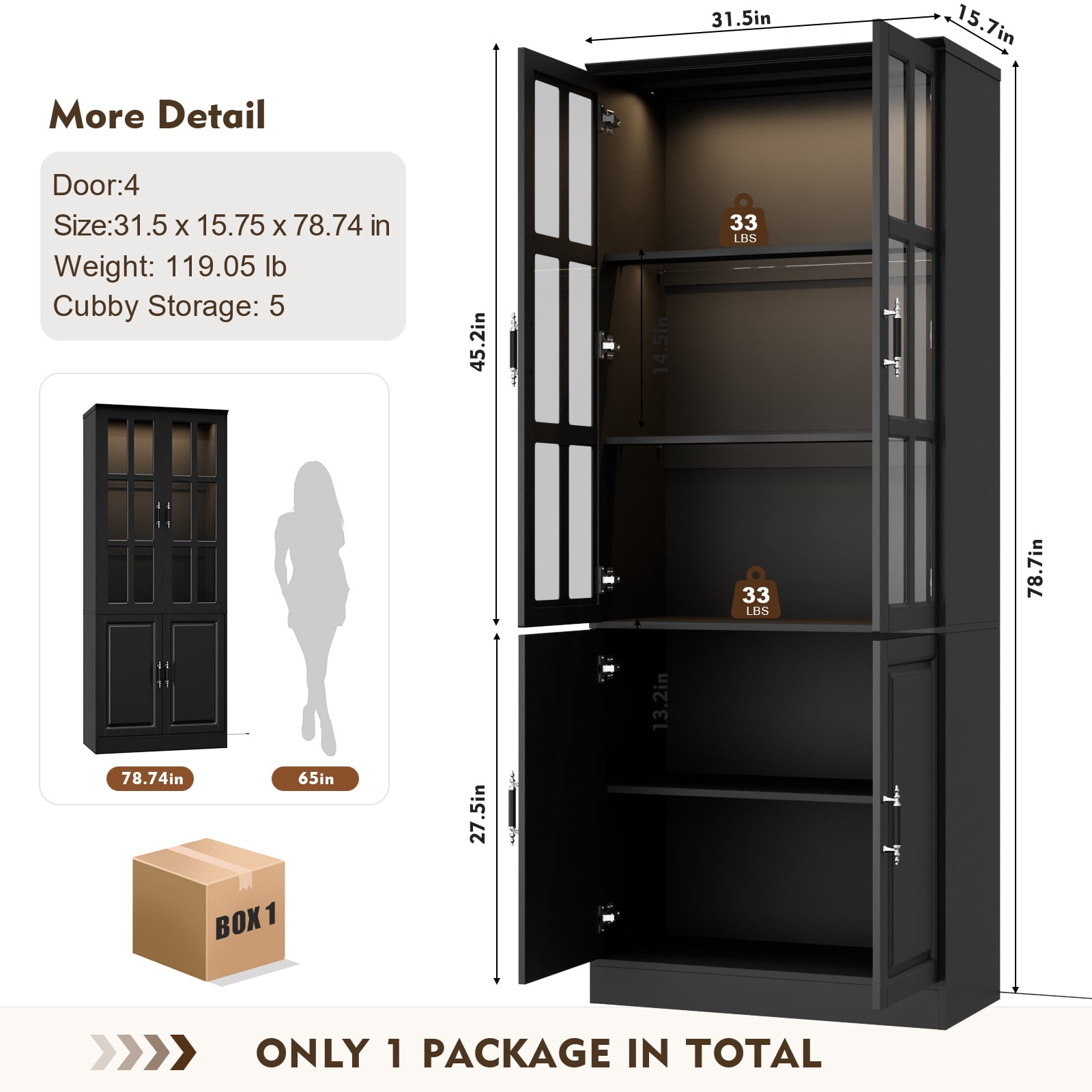 MEISSALIVVE 78.7" Kitchen Pantry Cabinet with Glass Doors & LED Lights, Freestanding Storage Hutch with Shelves, Black Pantry Cupboard, 31.5" W x 15.7" D