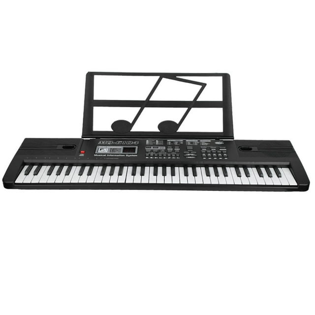 61 Keys Digital Music Electronic Organ Keyboard with Microphone, a portable electronic musical instrument featuring 61 full-sized keys, a black ABS body, and an LED display. Includes a score holder, USB power cable, and microphone. Designed for beginners and children aged 1-6 years, with adjustable volume, 16 timbres, 8 percussion effects, 10 rhythms, and 6 demo songs. Compact size of 66x19x5.5cm, ideal for indoor and outdoor use with USB charging or 4 AA batteries.