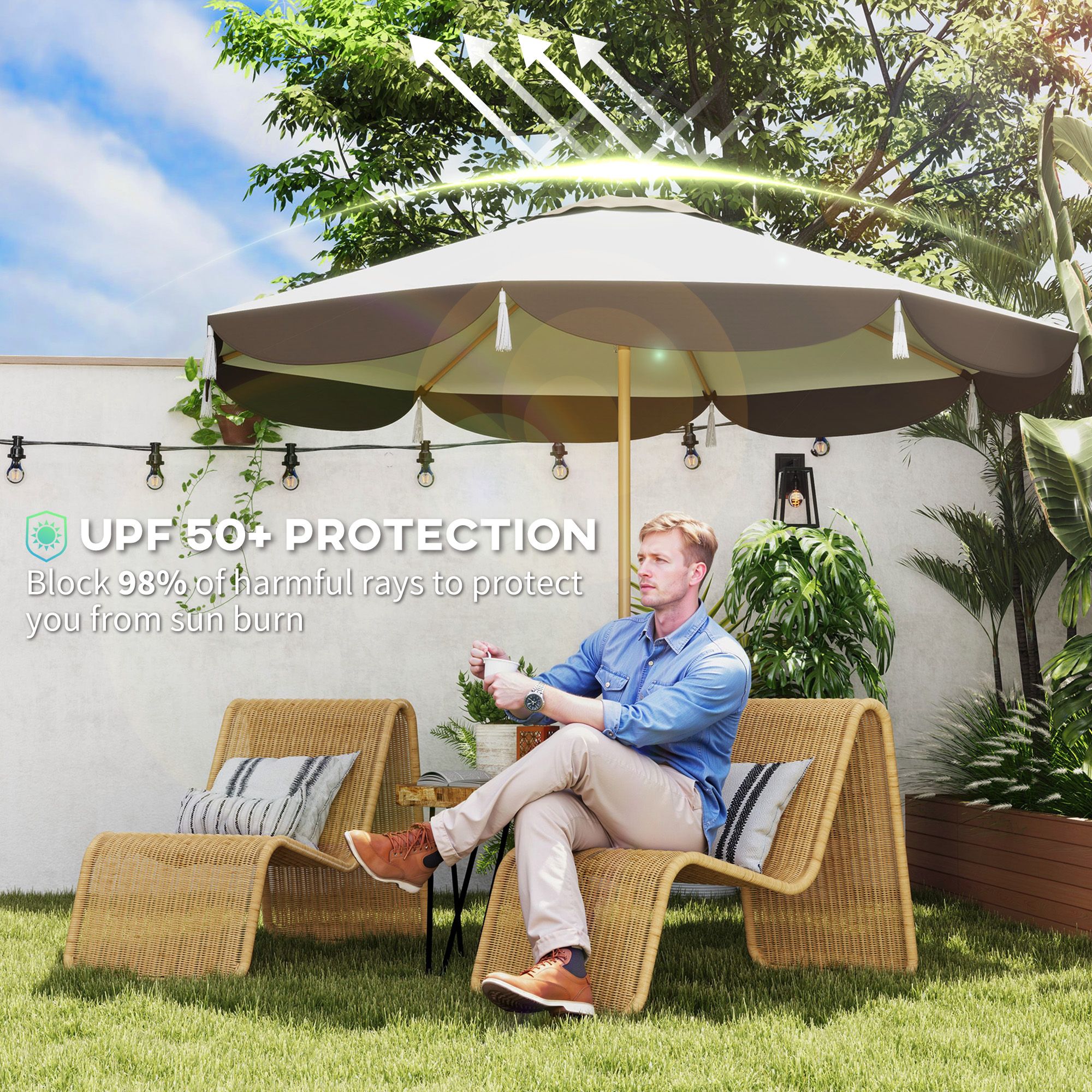 9 Ft Patio Umbrella, UPF 50+ Outdoor Market Umbrella with 8 Ribs, Vented Outdoor Table Umbrella for Deck, Backyard and Lawn, Cream White