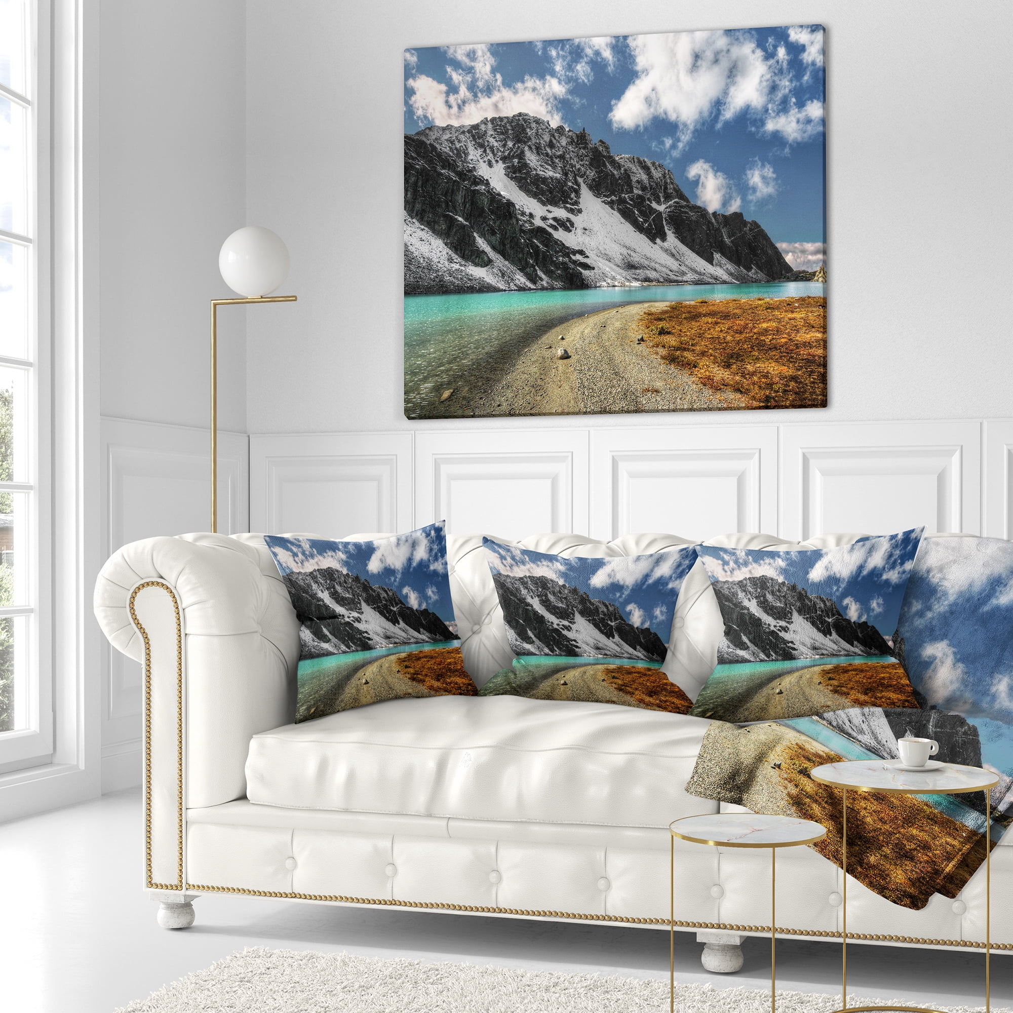 Designart Bright Sky and Blue Mountain Lake - Landscape Printed Throw Pillow - 16x16