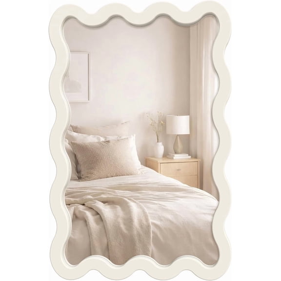 24"x36" White Wavy Wall Mirror for Bedroom Vanity, Large Cream Solid Wood Asymmetrical Mirror, Cute Squiggle Mirror for Room Decor, Aesthetic Funky Curvy Frame