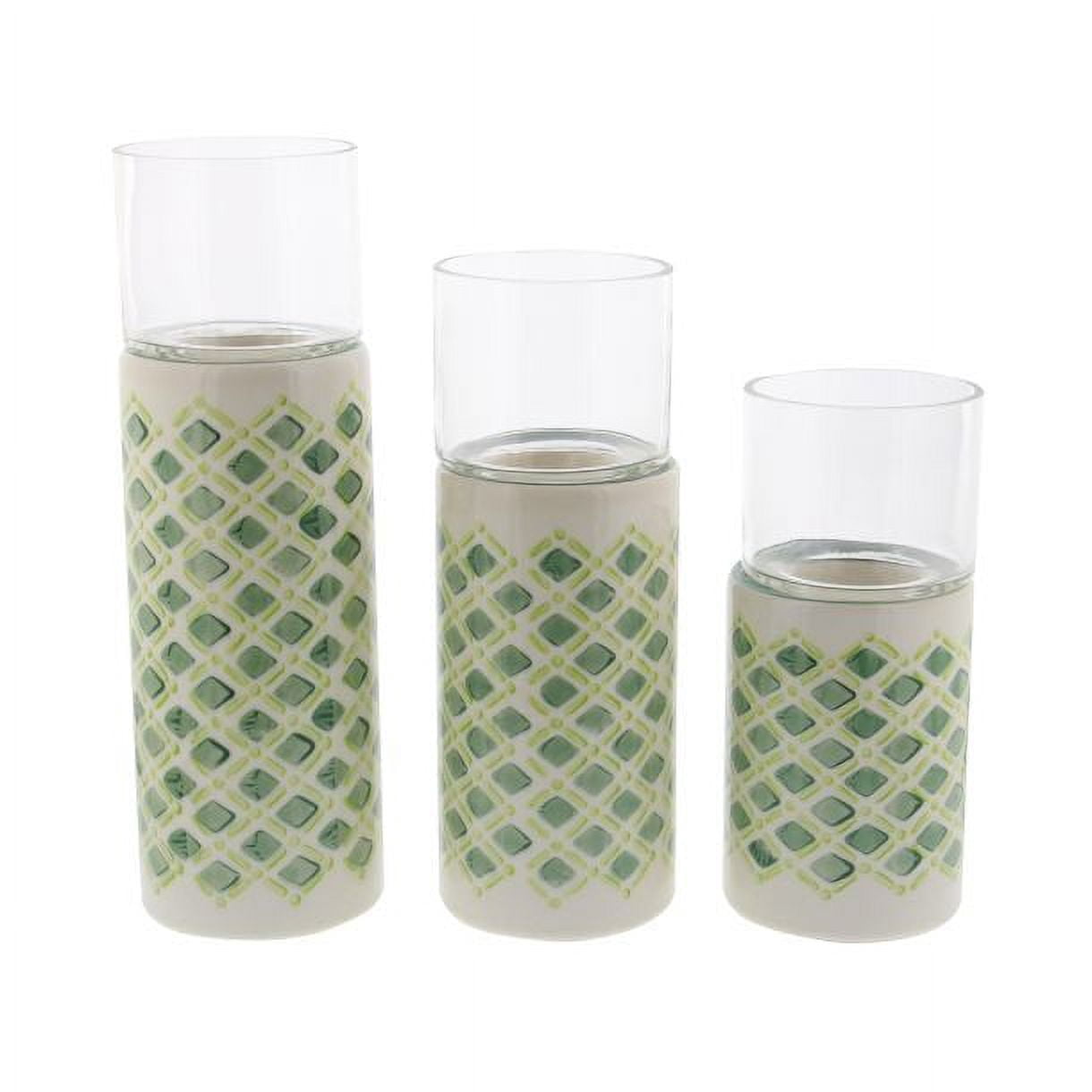 Decmode Contemporary 9, 11, And 13 Inch Lattice Patterned Ceramic And Glass Candle Holders, White, Green - Set of 3