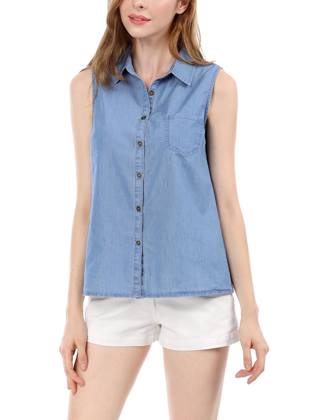 DARING DIVA Women's Single Breasted Point Collar Sleeveless Shirt XL Blue