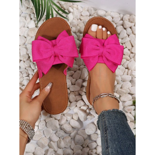 Preppy Slide Sandals For Women, Bow Decor Single Band Flat Sandals