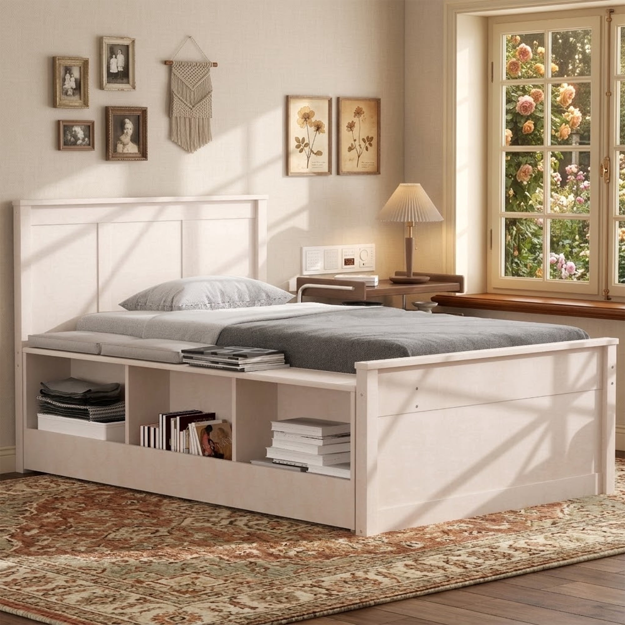 Mintazer Twin Platform Bed with Pull-Out Trundle, Modern Bookcase Bed with Storage Cabinet, No Box Spring Needed, White