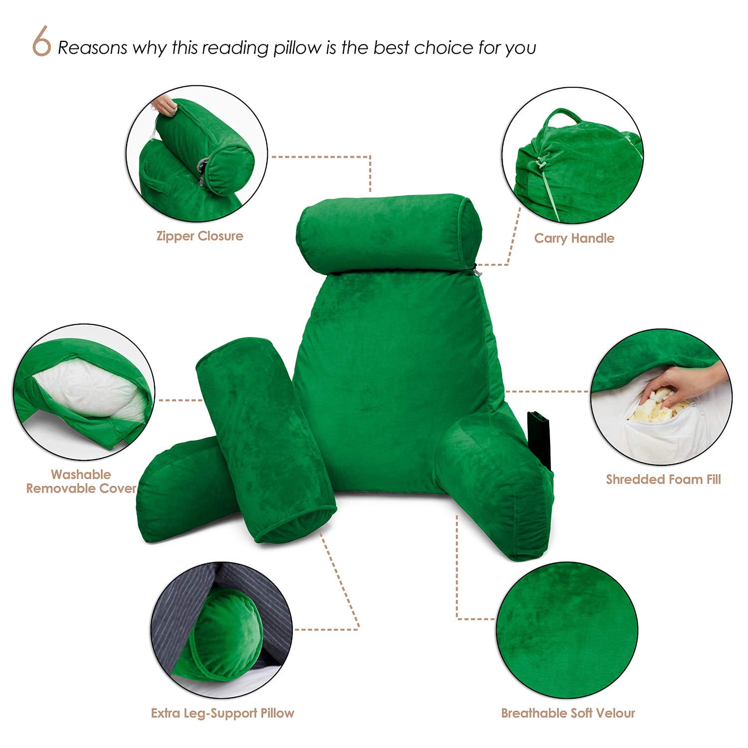 Clara Clark Bed Rest Pillow with Arms and Pockets, Detachable Neck Roll, Large, Green