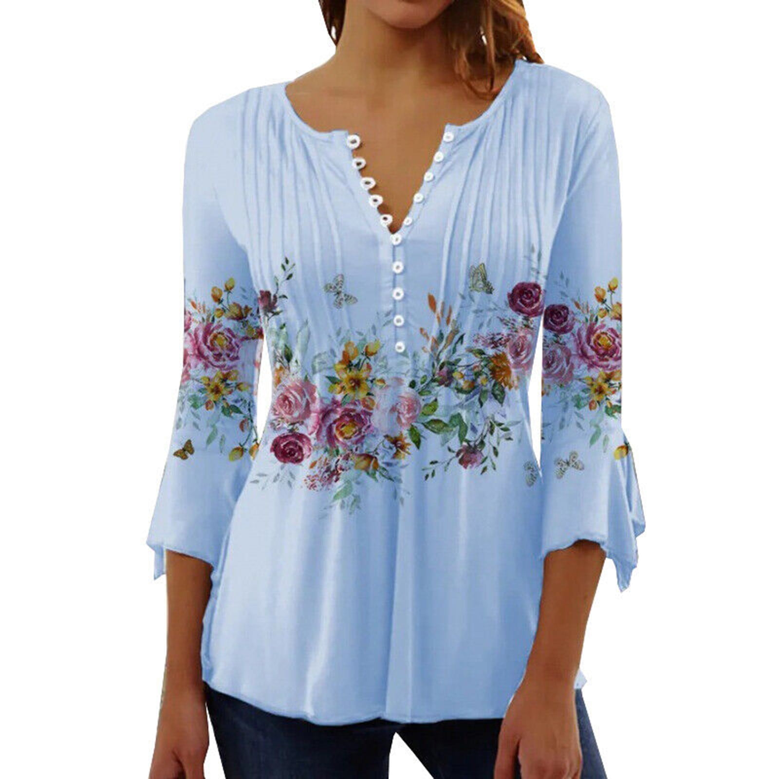 OVTICZA Womens Tunic, 3/4 Sleeve Floral Button Down Shirt OVTICZA Womens Tunic, 3/4 Sleeve Floral Button Down Shirt
