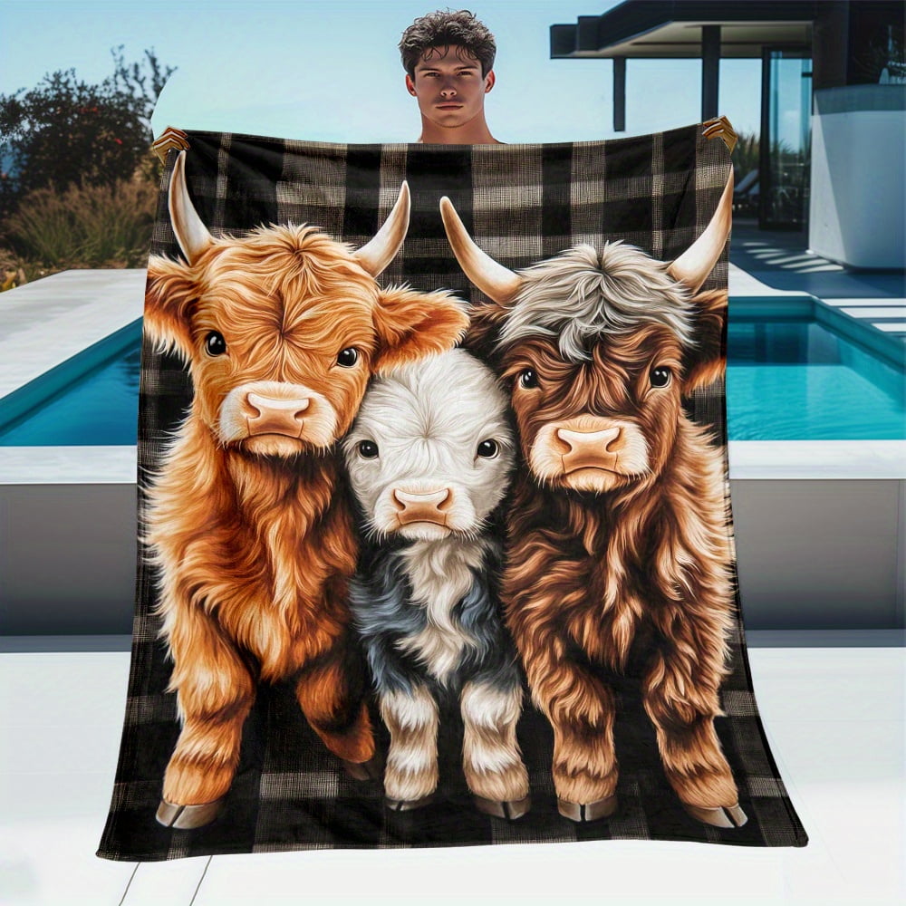 Scottish Cow Print Highland Cow Blanket All Season Soft Plush Thickened Flannel Scottish Cow Print Decor Gift Women Men Pets Machine Washable Multi Purpose Throw Bed Sofa Travel Camping Home