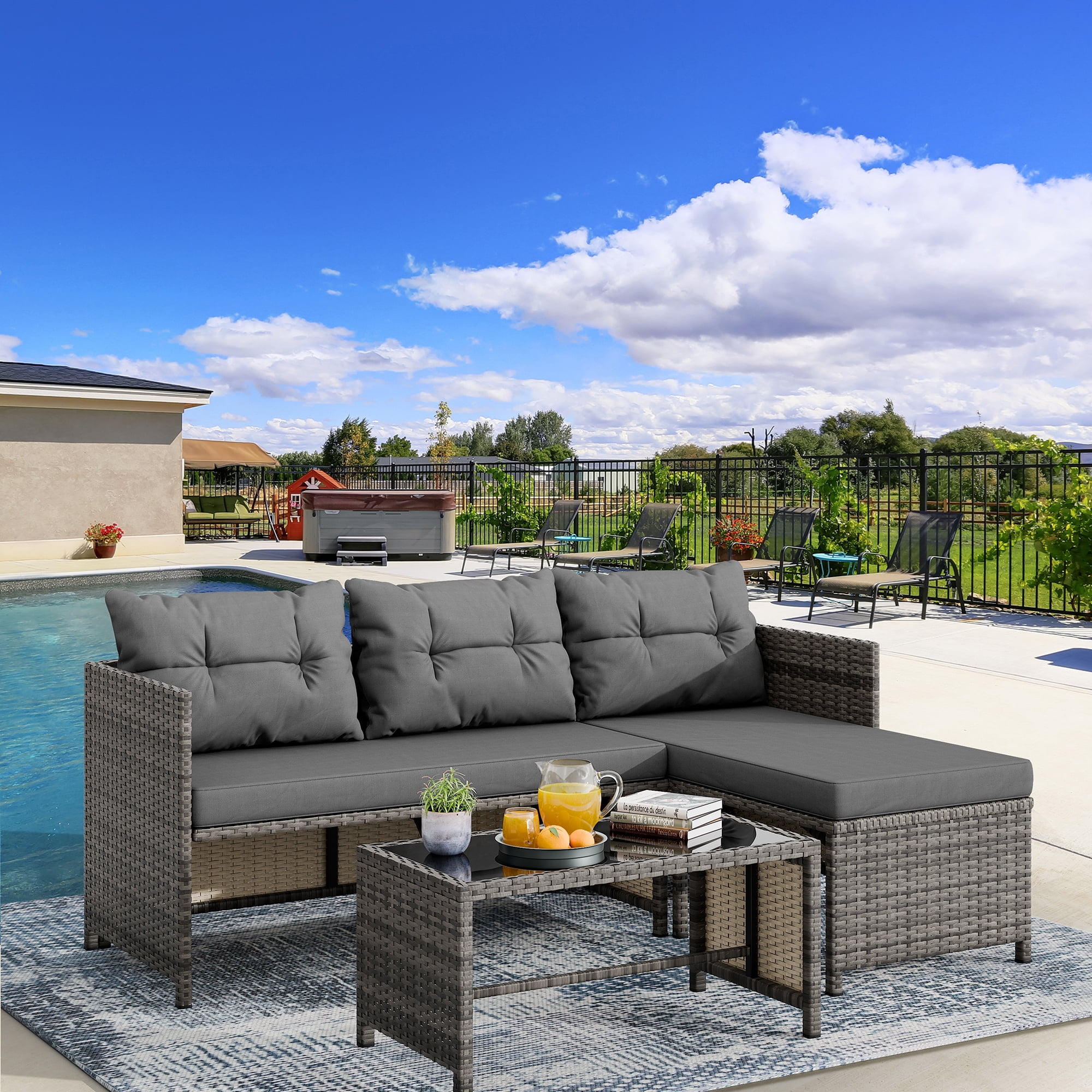 Walsunny 3 Pieces Patio Furniture Sectional Set, All-Weather Wicker Rattan Outdoor Furniture Set with Cushion and Glass Coffee Table, Patio Conversation Set for Garden, Backyard, Pool,Gray