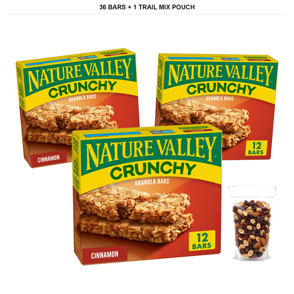Nature Valley Cinnamon Crunchy Granola Bars, 36 Bars Total, 8.94 oz with 1 Bybies Trail Mix Pouch, 2 oz