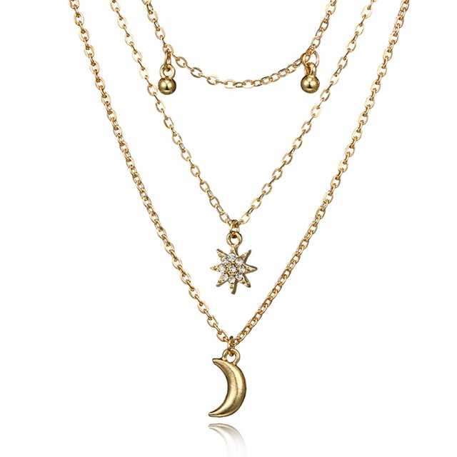 Accesorio de joyería de aleación de collar de clavícula con colgante de luna de diamantes de imitación de múltiples capas para mujer