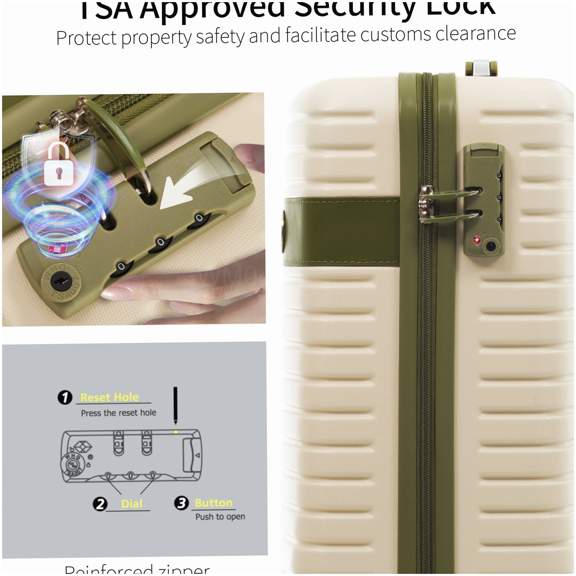 3 Piece TSA Lock Carry On Luggage Set, Lightweight Hardshell Spinner Suitcase Airline Approved, White and Green