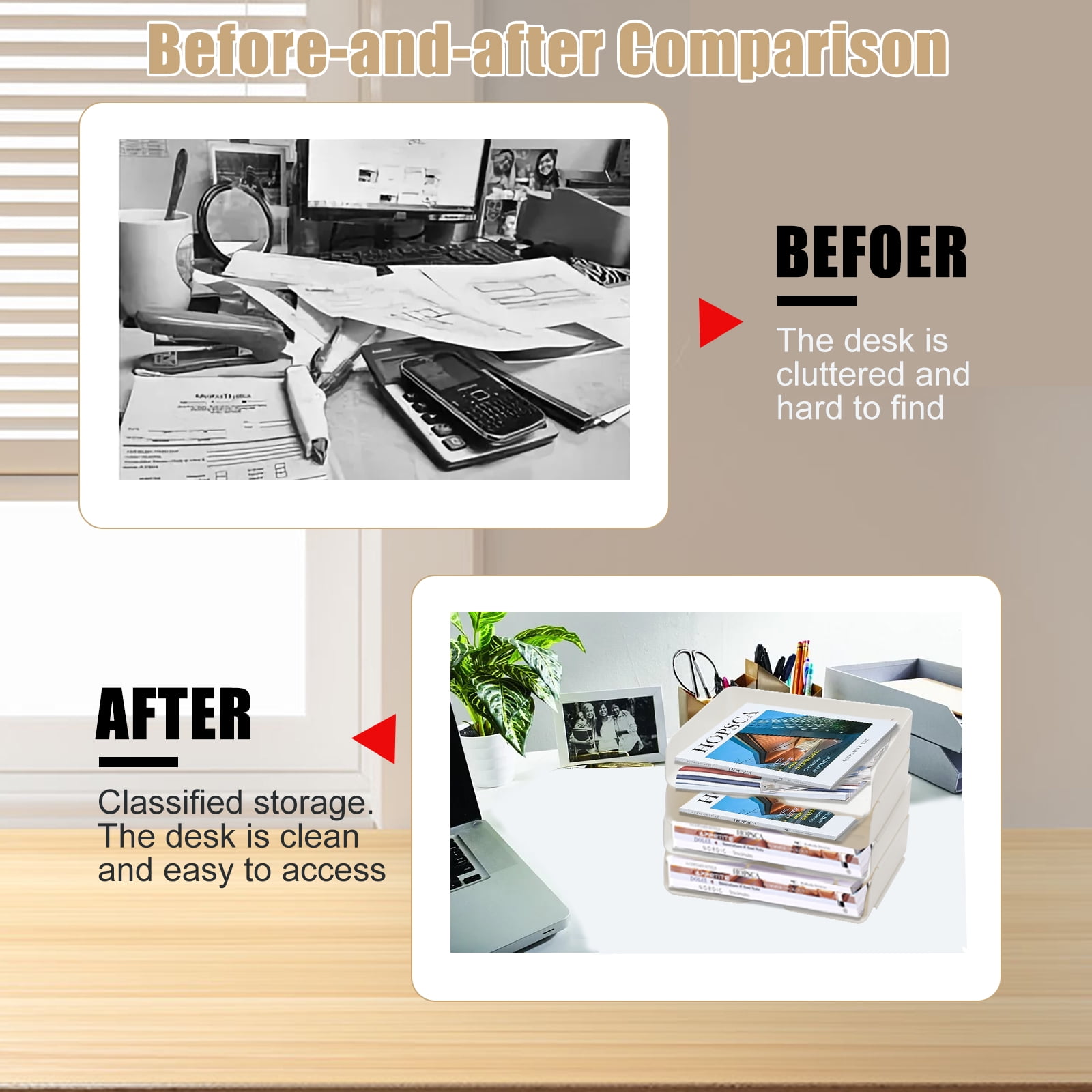 Stackable Paper Trays 4 Pack, Desk Letter Tray Set with 4 File Bags, Stackable Desk Organizer for Books, Magazines, Folders, A4 Size File Paper, Notes, Pens (White)