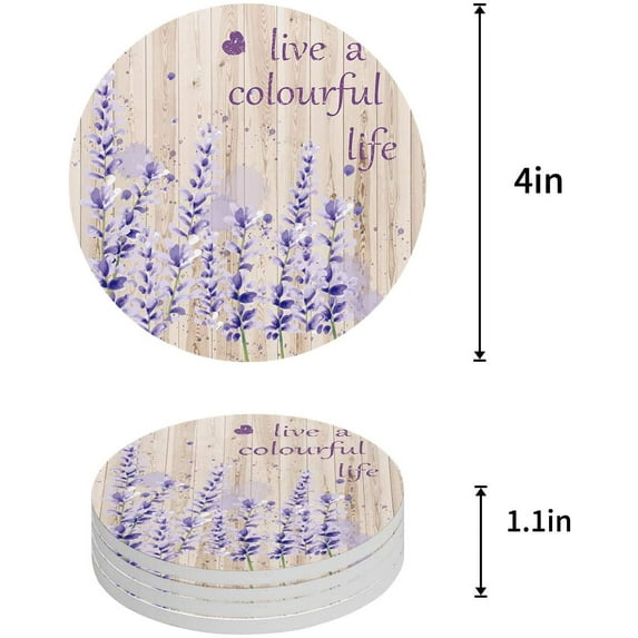 FMSHPON Lavender Live a Colourful Llife Set of 6 Round Coaster for Drinks, Absorbent Ceramic Stone Coasters Cup Mat with Cork Base for Home Kitchen Room Coffee Table Bar Decor