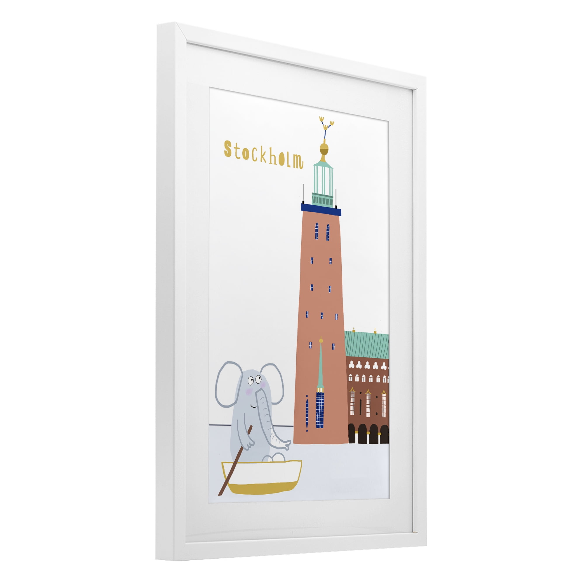 Elephant in Stockholm Boat White Framed Print Under Glass, design by Carla Daly