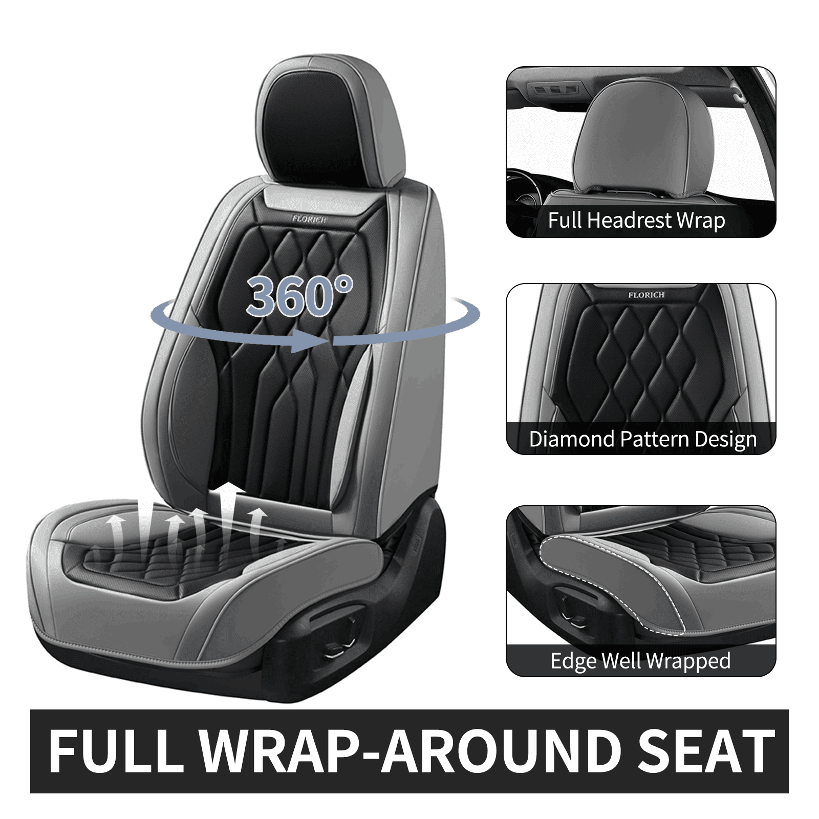 FLORICH Universal Car Seat Covers Front Pair, Waterproof Faux Leather Seat Protectors, Automotive Interior Cushions Fit for Most Cars SUV Trucks, Black & Gray