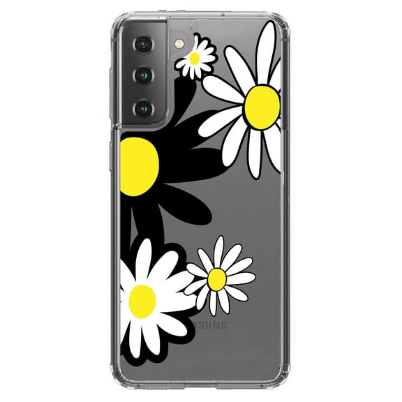 DistinctInk Clear Shockproof Hybrid Case for Galaxy S21 5G (6.2" Screen) - TPU Bumper Acrylic Back Tempered Glass Screen Protector - Black & Yellow Modern Daisies