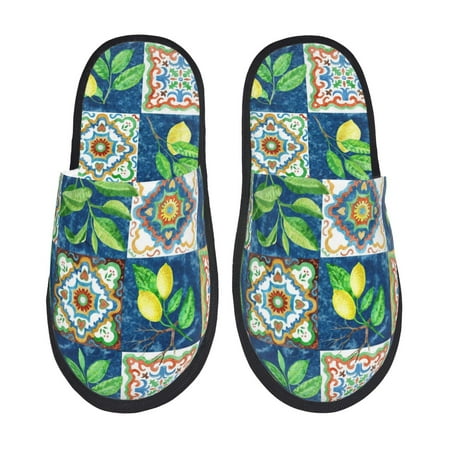 Balery Lemon and Leaves Slient Indoor Furry Fleece Comfort House Shoes Soft Non-Slip Home Shoes Cotton slippers House Slippers-- Large