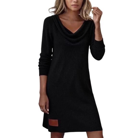 Womens Casual Dress Long Sleeve Turtle Neck Bodycon Ribbed Knit Midi Dress Spring Fall Black