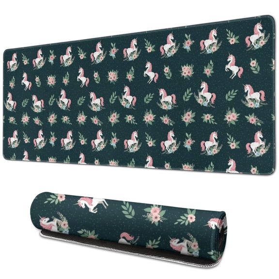 Long Mouse Pads for Desk,Green Cartoon Unicorn Flower Pattern Desk Mats on Top Of Desks, Desk Mouse Pad Extra Large with 3mm Non-Slip Base and Stitched Edge for Gaming,Office,Work,Home 31.5"x11.8"