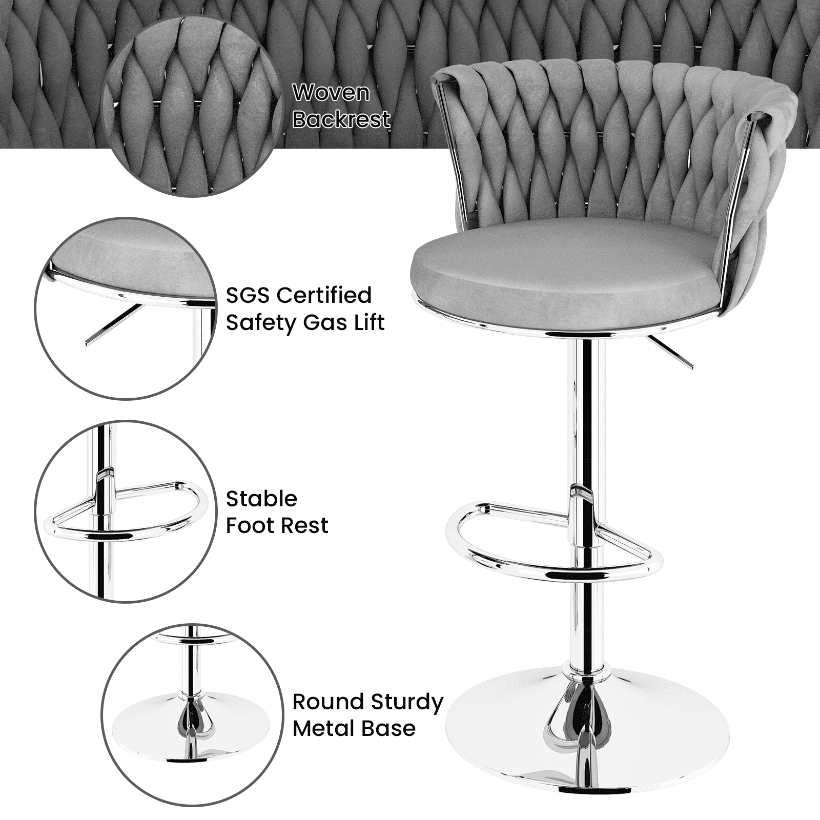 Mieres Velvet Bar Stools Set of 2, Adjustable Height Swivel Pub Chairs with Woven Back, Counter Height Dining Chairs with Footrest, 360° Rotating Kitchen Island Stools for Home & Bar, Gray