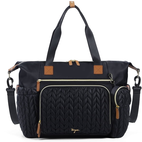 Leke Waterproof Large Diaper Tote, Black Multi-Function Baby Bag with Changing Pad & Pacifier Case, Hospital Labor & Travel Organizer for Newborn Toddlers