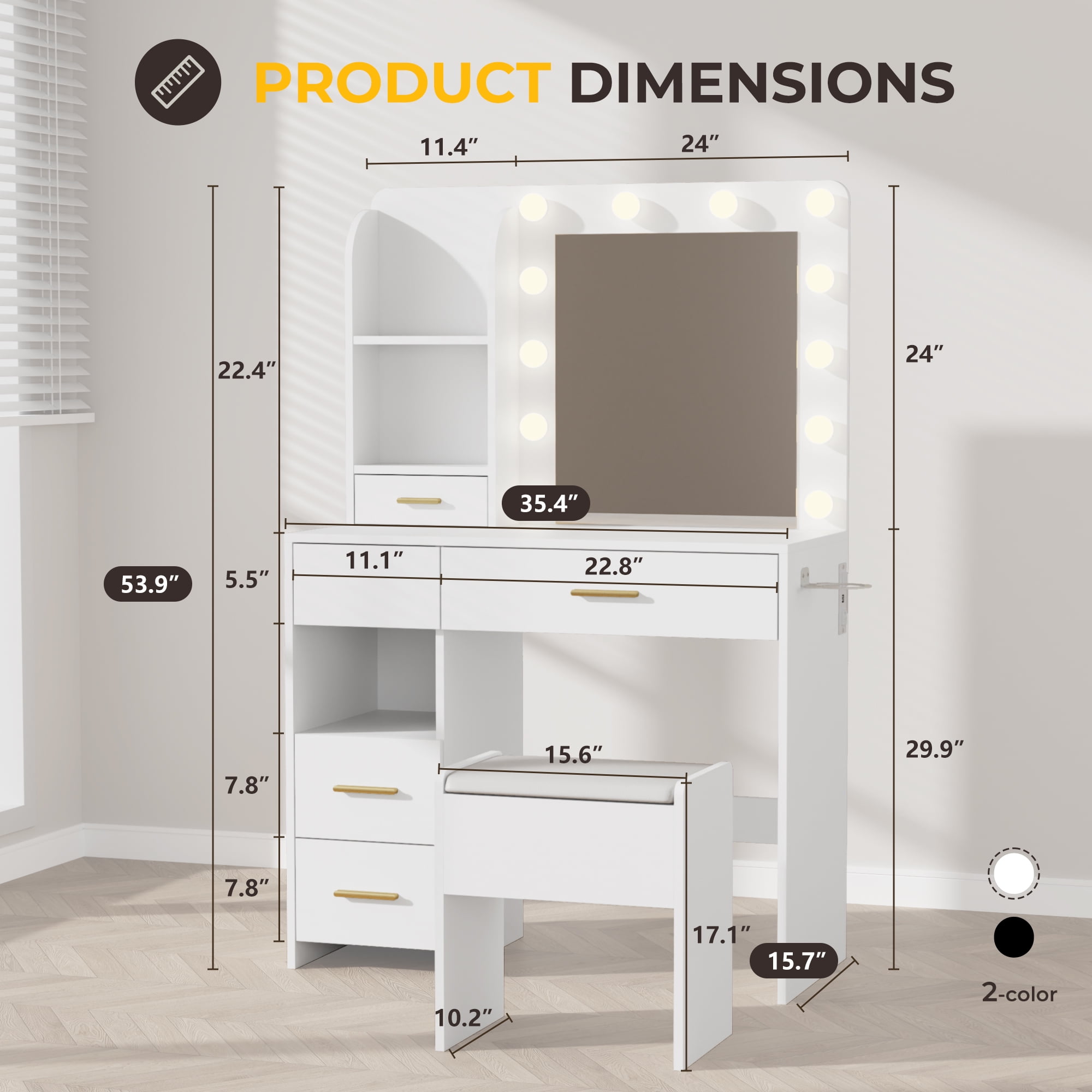Furnivado Vanity Desk with LED Lighted Mirror, 3 Adjustable Lighting Makeup Vanity Desk with 3 Storage Shelves, 5 Large Drawers and Storage Stool, Vanity with Power Outlet for Bedroom, White