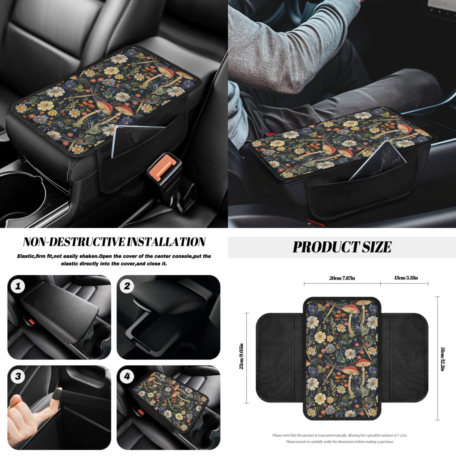 Jeiento Aesthetic Mushroom Car Seat Covers Front Rear Full Set Steering Wheel Cover Seat Belt Pads Coasters Waste Bin Armrest Cover Cup Holders Rearview Mirror Cover Handbrake Cover Set, 14 PCS